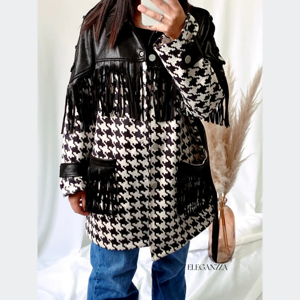 veste noir et blanche a frange