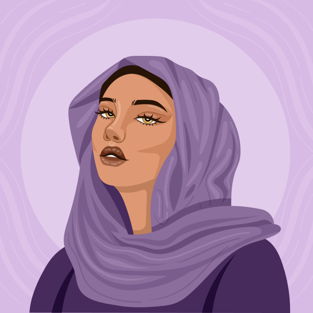 illustration femme voilée qui ose couleurs de hijab tendance violet lila