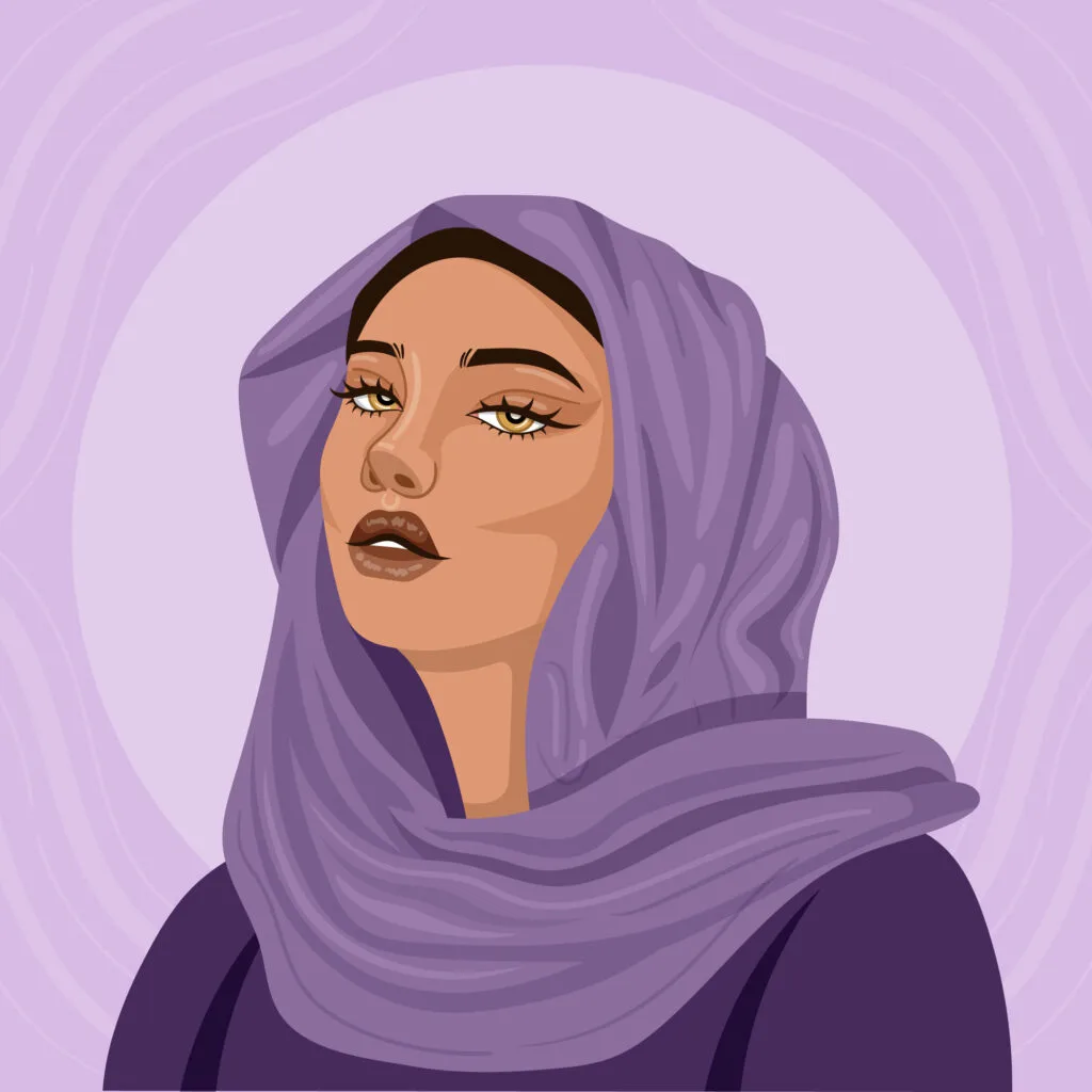 illustration femme voilée qui ose couleurs de hijab tendance violet lila